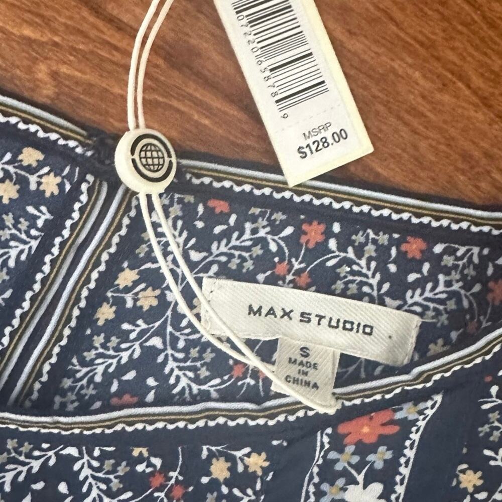 Max Studio Floral Boho Midi Dress Size Small NWT Navy Ruffle - Picture 5 of 7
